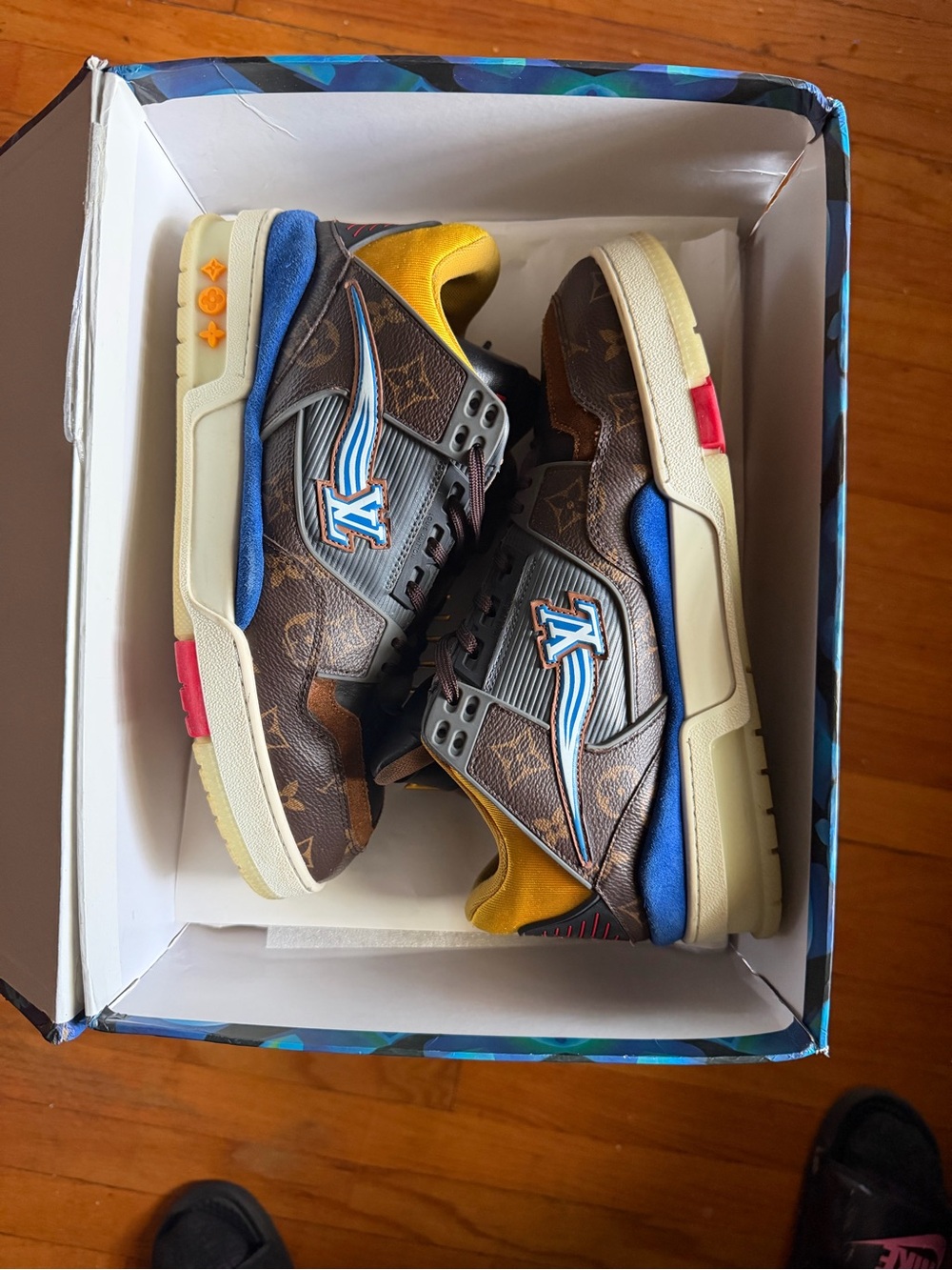LV Monogram Ebene Multicolor Brown Sneakers with Blue and White Logo Patch